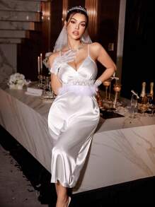 SilkySpell Luxurious Semi-Sheer White Satin Midi Sleep Dress For Women, Featuring Delicate Lace And Feather Detail, Sleeveless With Spaghetti Strap Neckline - White - View 5