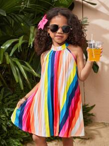 SHEIN Young Girl's Sleeveless Geometric Pattern Pleated Neck Chiffon Dress, Vacation Wear For Spring/Summer - White - View 1