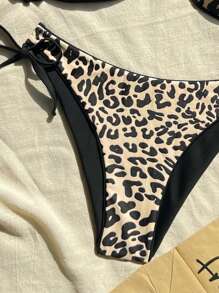 Swim Vcay Leopard Print V-Neck Sleeveless Sexy Regular Fit One Piece Spaghetti Strap Bikini Set With Side Tie Tankini Swim Bottom Spaghetti Strap Bikini Set, All-Season For Summer Beach Vacation