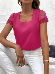 SHEIN Clasi Women's Elegant Solid Color Lace Patchwork Blouse, Summer - Hot Pink - View 3