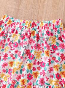SHEIN Vintaside Kids Tween Girl Ruffle Trim Top & Floral Print Ruffle Hem Skirt - Multicolor - View 8