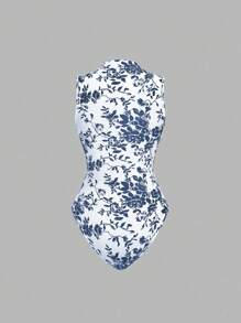 Sweetra Women's Vintage Black And White Print Bodysuit, Slimming, Spring/Summer