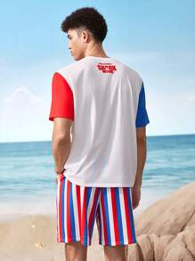 Shark Week X SHEIN Men's Colorblock Letter Print Round Neck Short Sleeve T-Shirt And Striped Print Shorts 2 Pieces Set - Multicolor - View 2