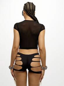 SUMWON WOMEN Cut Out Distressed Mini Booty Shorts Festival Raver Clubwear Dance Wear Festival Bottoms - Black - View 2