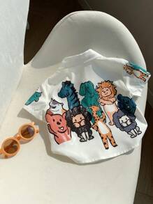 SHEIN 男宝宝/女宝宝可爱卡通印花短袖衬衫，百搭白色，夏季 - 彩色 - 查看 3
