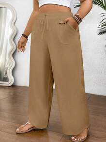 SHEIN Clasi 大码休闲纯色直筒裤 - 卡其色 - 查看 4