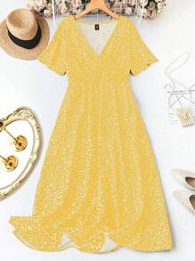 SHEIN LUNE Tuta lunga con vita arricciata e gambe larghe estiva da donna con stampa floreale ditsy, adatto per le vacanze, taglie comode