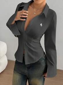 TRNVIE Ladies Embroidered Fitted Shirt, Casual & Office Wear Fall Cloth For Women - Grey - View 6
