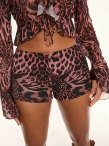 SHEIN BAE Brown Cheetah Animal Print Mesh Print Simple Sexy Ultra Low Waist Mini Shorts Summer Holiday Bohemian Style, Club Sexy, Rave, Festival, Summer Short,Western Wear Women,Coachella, Halloween Clothes,Halloween Costume
