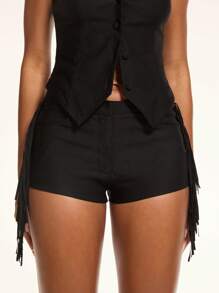 SHEIN BAE Pantalones cortos negros y sexys de talle ultra bajo con flecos, estilo bohemio para vacaciones, look sexy de club, atuendo de fiesta, vestuario de festival para mujer, para salir, pantalones cortos de verano