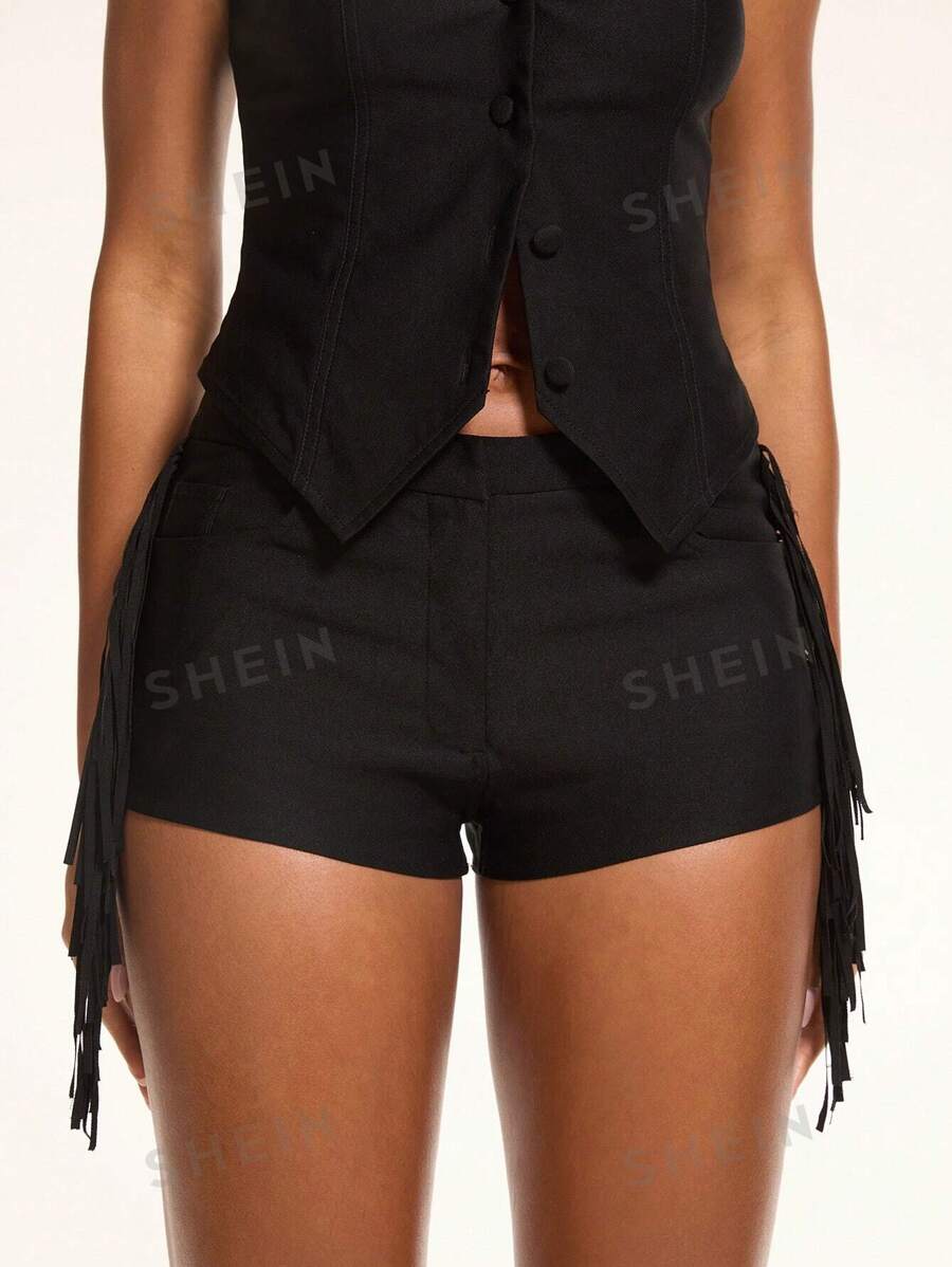 SHEIN BAE Pantalones cortos negros y sexys de talle ultra bajo con flecos, estilo bohemio para vacaciones, look sexy de club, atuendo de fiesta, vestuario de festival para mujer, para salir, pantalones cortos de verano