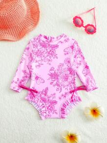 Baby Girl Animal & Plant Pattern Printed One-Piece Swimsuit - Hot Pink - View 1