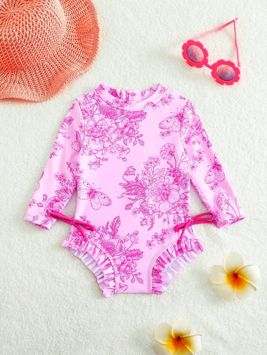 Baby Girl Animal & Plant Pattern Printed One-Piece Swimsuit - Hot Pink - View 1