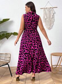 SHEIN Clasi Plus Size Women Leopard Print Sleeveless Turndown Collar Cinched Waist Maxi Dress - Hot Pink - View 2