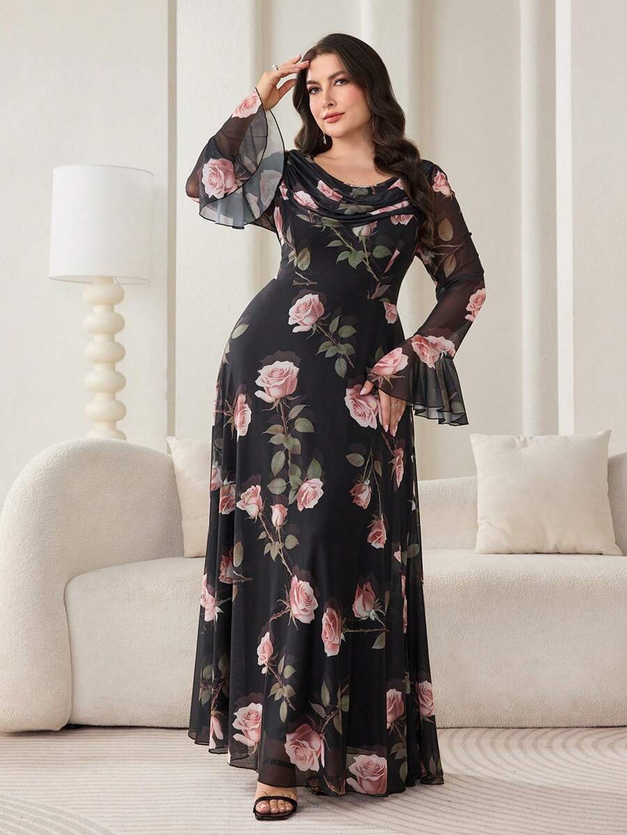 Modelyn Plus Size Floral Maxi Dress: Elegant Black Knitted Dress With Round Neck And Long Ruffled Sleeves For Women - Black - View 1