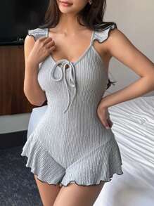 DAZY Women Textured Knit Camisole Jumpsuit With Ruffle Hem, Fitted Short Pajamas - Grey - View 6