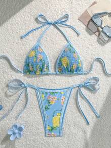 SHEIN Swim 2pcs Blue Base Colorful Printed Lace-Up Women Swimsuit For Summer Beach Vacation - Multicolor - View 1