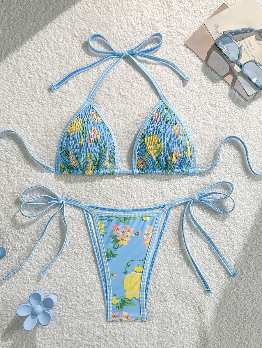 SHEIN Swim 2pcs Blue Base Colorful Printed Lace-Up Women Swimsuit For Summer Beach Vacation - Multicolor - View 1