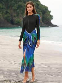 Swim Shayni 3pcs Women's New Solid Black Swimsuit Set, Including Round Neck Long Sleeve Rash Guard, Slim Fit Long Pants, And Beach Skirt, Conservative Summer Holiday Burkini Suit - Multicolor - View 4