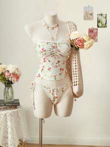 SHEIN MOD Women's Floral Print Halter Bikini Set: Ruched Semi-Sheer Swimsuit Fabric With Short Casual Style For Summer Beach Days, Cute, Kawaii