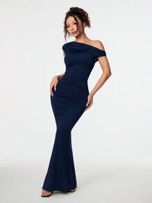 SHEIN PETITE Ropa de verano, conjuntos para citas diarias y viajes, atuendos para fiestas, ropa interior elegante para mujeres, atuendos para salir, vestido asimétrico de cola de pez extra largo con hombros caídos, atuendos de club para mujeres, conjuntos para citas, vestidos de banquete - Azul Marino - Ver 7