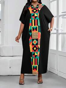 SHEIN Lady Plus Size V-Neck Half Sleeve Geo Patchwork Loose Casual Dress - Multicolor - View 5