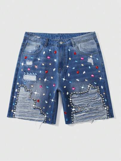 Street Life Men's Diamond Decor Washed Distressed Denim Jeans Shorts