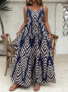 SHEIN VCAY Plus Size Women Striped Ruffle Hem Spaghetti Strap Dress, Vacation,Beach Dress Sundress,Holiday Outfits Boho