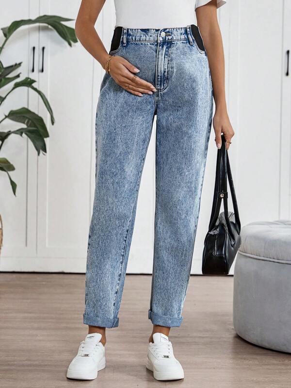 SHEIN Maternity Blue Insert Pocket Casual Versatile Tapered Cuffed Jeans,Summer/Summer Outfits For Women, Suitable For Parties, Holidays, Dates, Valentine's Day, Afternoon Tea, Suitable For Summer,Spring Summer Vacation Beach Outfits Fashion Outfits,Mother Day/Mom/Mother/ Mommy/Mother's Day/Mama/Mum/Mother's Day Gift
