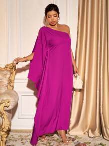 Cravure Vestido con un hombro, volantes y unicolor, estilo de vacaciones, para mujer de talla grande, para fiesta - Rosa Fucsia - Ver 6