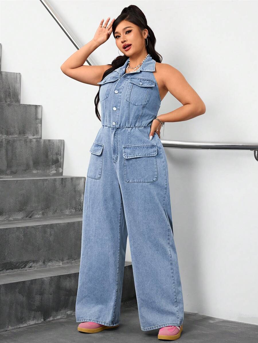 SHEIN ICON Plus Size Sleeveless Light Wash Denim Halter Casual Overalls With Pockets And Shirt Collar - Blue - View 1