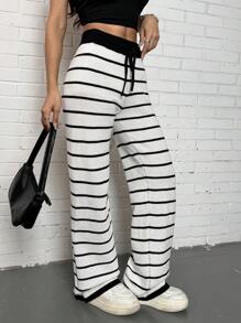 SHEIN EZwear 女式休闲抽绳腰条纹针织裤 - 黑與白 - 查看 6