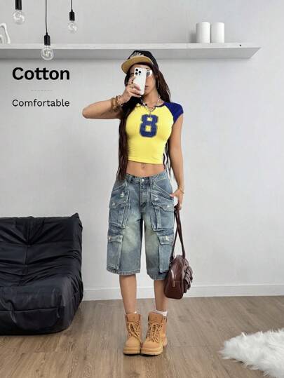 Coolane 女士春夏街头运动撞色数字图案T恤 T恤