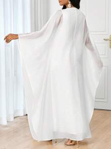 SHEIN Lady Women's White Pearl Embellished Woven Maxi Dress: Elegant Round Neck, Long Sleeve, And Flared Hem Modest Style