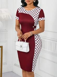 SHEIN Lady 女式波尔卡圆点印花圆领短袖修身中长连衣裙夏季连衣裙 - 紅白色 - 查看 5