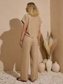 Bóhologie Boho Bohemela Womens Clothing Women Summer Clothes  White Casual  Germany Seaside Holiday, Suitable For Everyday, Out Of The Street, Holiday And Other Occasions To Wear Casual Style, Effortless Linen Feeling Rushing Detailed Short Sleeve Shirt With Relaxed Fit Pant  Suitable For Everyday, Out Of The Street, Holiday And Other Occasions To Wear - Beige - View 2