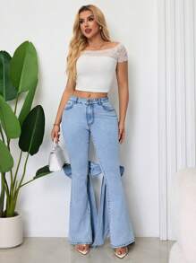 SHEIN SXY Casual Party Cute Bow Decor Women Flare Leg Jeans