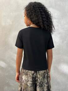 Coolane Kids Tween Girls Spring/Summer Streetwear Athleisure Color-Blocked Fitted Crop Tops Girls Casual Contrast Color Campus Personalized Print T-Shirt,Campus/Street/Daily - Black - View 5