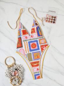 Swim Vcay Women's Sexy Halter Deep V-Neck Backless Tie Strap Floral Trim Digital Print One-Piece Swimsuit, Summer Beach