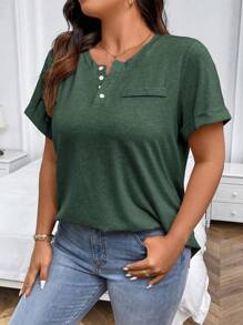 EMERY ROSE Große Größen einfarbiges T-Shirt mit halber Knopfleiste und Manschetten-Ärmeln, Henley Shirt, rosa T-Shirt, rosa T-Shirt, rosa Oberteil für Frauen