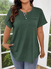 EMERY ROSE Große Größen einfarbiges T-Shirt mit halber Knopfleiste und Manschetten-Ärmeln, Henley Shirt, rosa T-Shirt, rosa T-Shirt, rosa Oberteil für Frauen