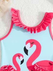 Baby Girl Ruffled Flamingo Print One-Piece Swimsuit, Holiday Beach - Multicolor - View 4