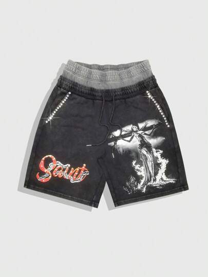 Pantalones cortos casuales de verano para hombres con cintura doble y estampado de letras