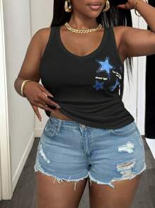 Slaydiva Nuevas llegadas de 2025 para Pascua, ropa urbana occidental para mujeres de estilo gyaru, camiseta versátil y casual, con estampados de estrellas y rayas delgadas, escote en V profundo, tirantes blancos