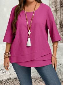 EMERY ROSE Camisa asimétrica de talla grande de estilo rural color verde para ropa de otoño - Rosa Fucsia - Ver 5