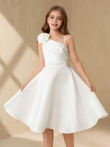 Plus Size Elegant And Fancy Girls' Flower Decor One Shoulder Short Party Dress, Suitable For Flower Girl In Wedding Season - White - View 6