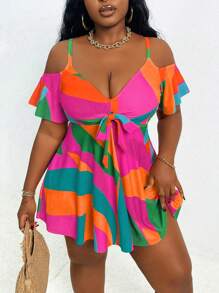 Slaydiva Set di costumi da bagno estivi per donne taglie forti, con spalline a nastro, spalle scoperte, arricciature e pantaloni a vita alta