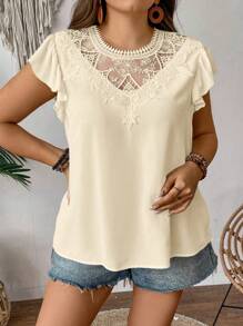 SHEIN Privé Plus Size Women Embroidered Collar Cap Sleeve Loose Blouse - Apricot - View 5