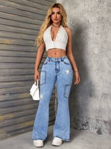 SHEIN SXY Jeans acampanados informales con decoración de rhinestones para mujeres - Azul - Ver 6