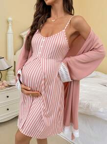 Moonlight&Mama 两件套孕妇睡衣：休闲条纹印花吊带连衣裙和长袖花卉蕾丝边睡袍，秋冬服装 - 粉色 - 查看 3